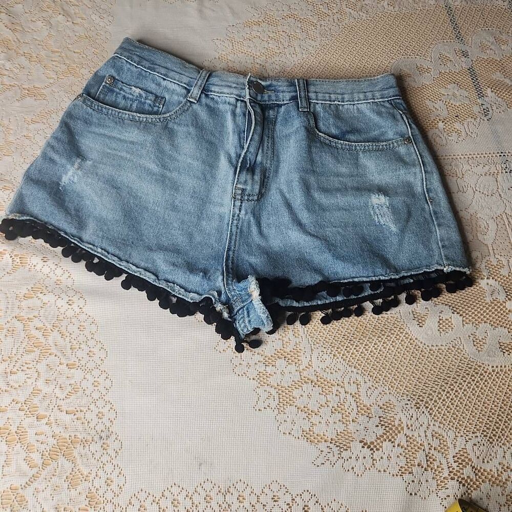 Denim & co jean shorts black pom pom trim women's size 10
